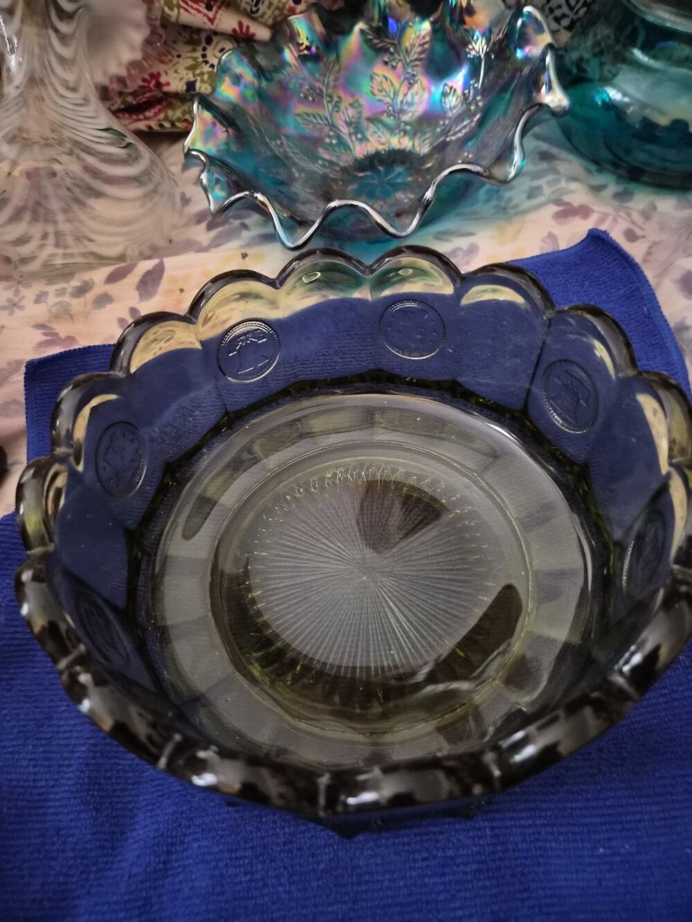 Vintage Fostoria Olive green bowl With A Coin pattern on It Has A Sunburst